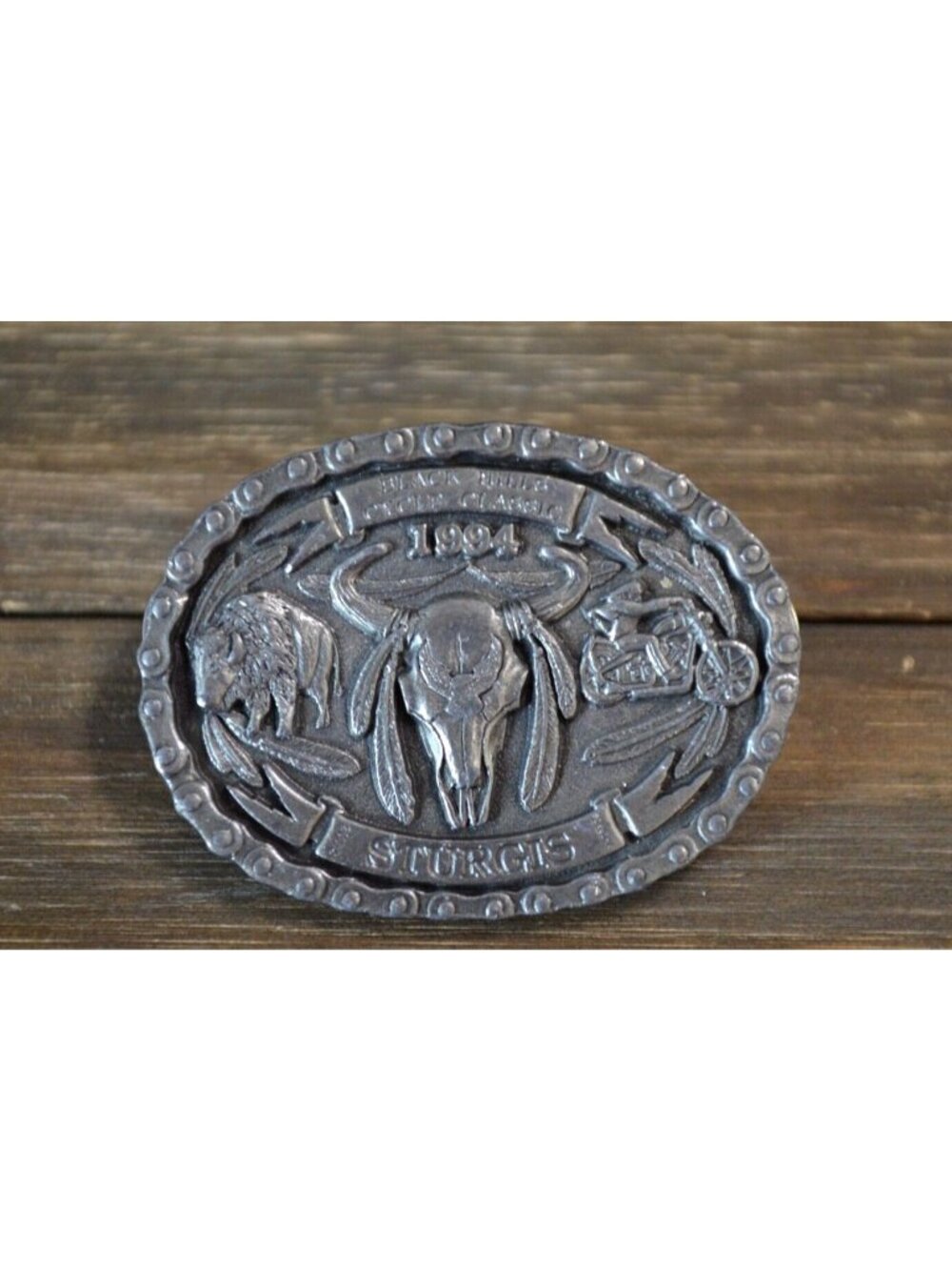1994 Pewter Motorcycle Pin Sturgis SD Rally Hill Tribal Native Buffalo Skull Vtg